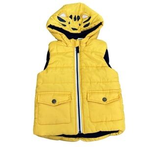 Little Me Yellow Navy Tiger Printed Hooded Puffer Vest Fleece Lined Unisex Sz 2T